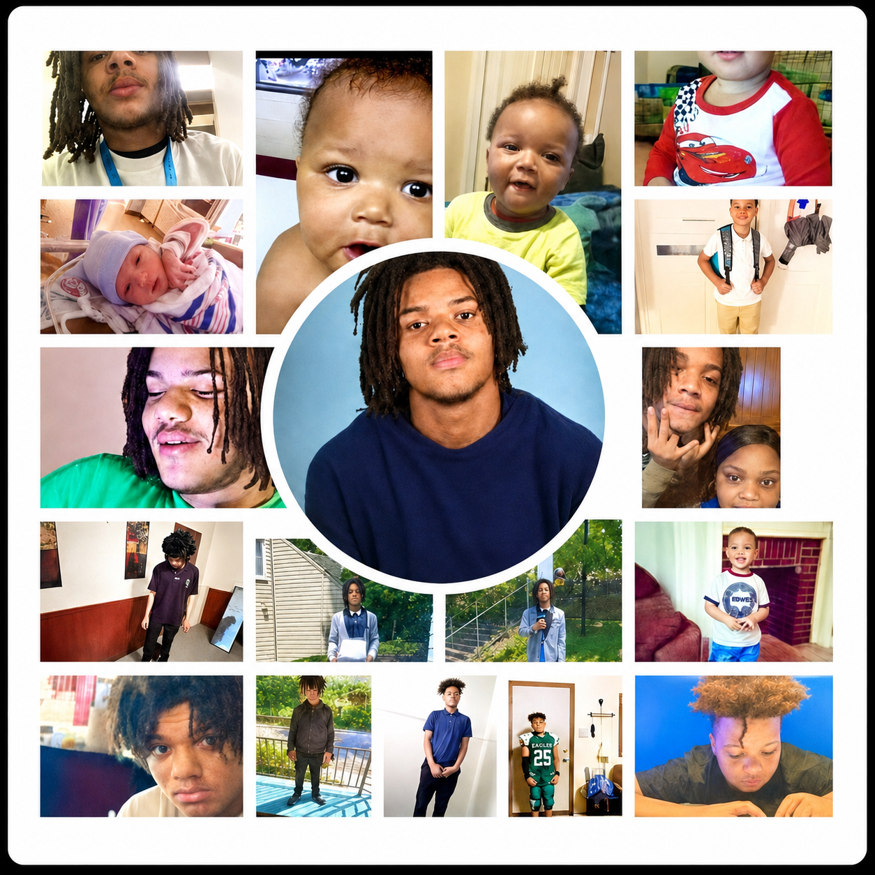 Photo collage of Michael Wade through the years, surrounded by family photographs